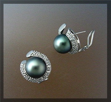 Earrings 14K White Gold Diamond Tahitian Pearl French C
