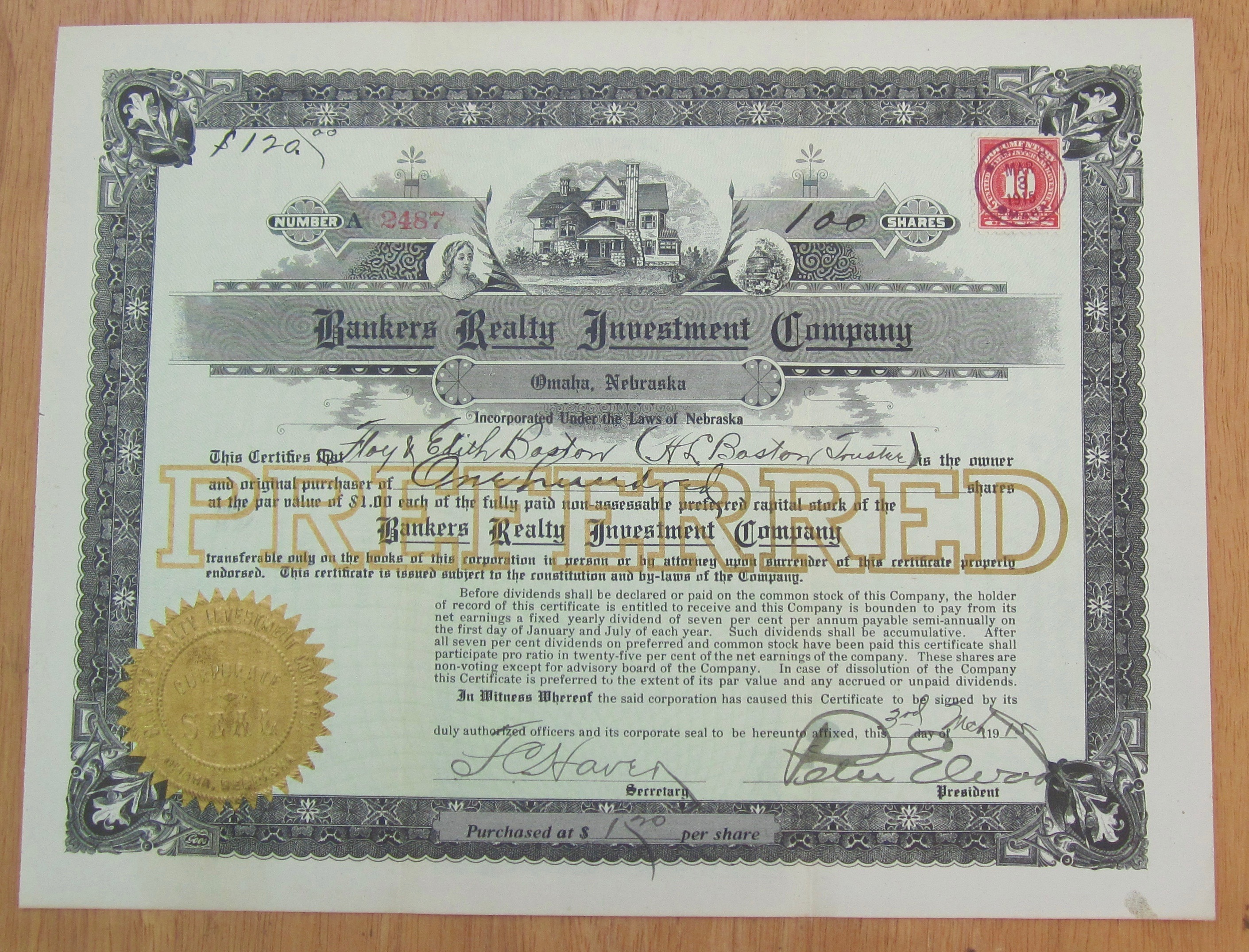 1915 Bankers Realty Investment Co Stock Certificate