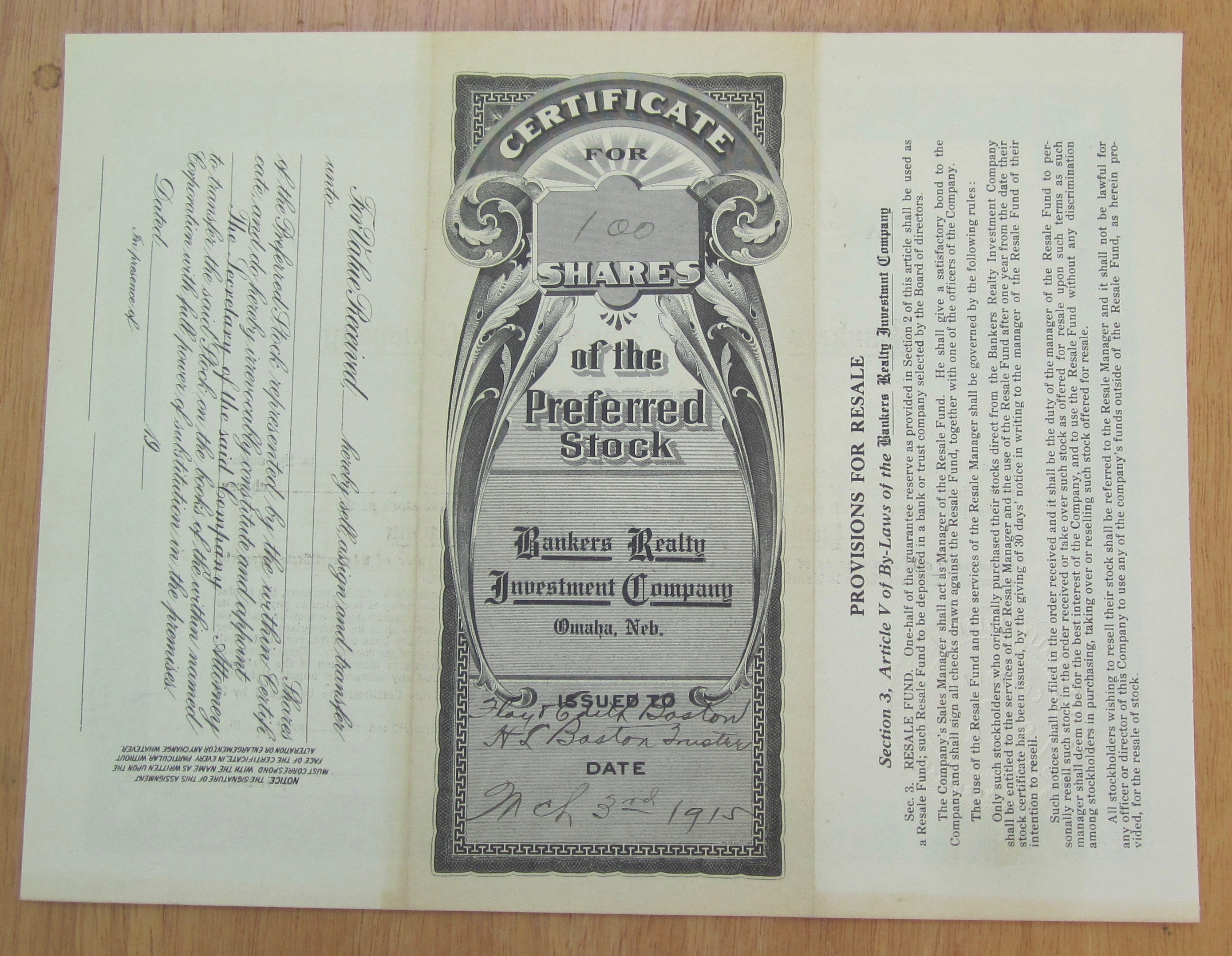 1915 Bankers Realty Investment Co Stock Certificate
