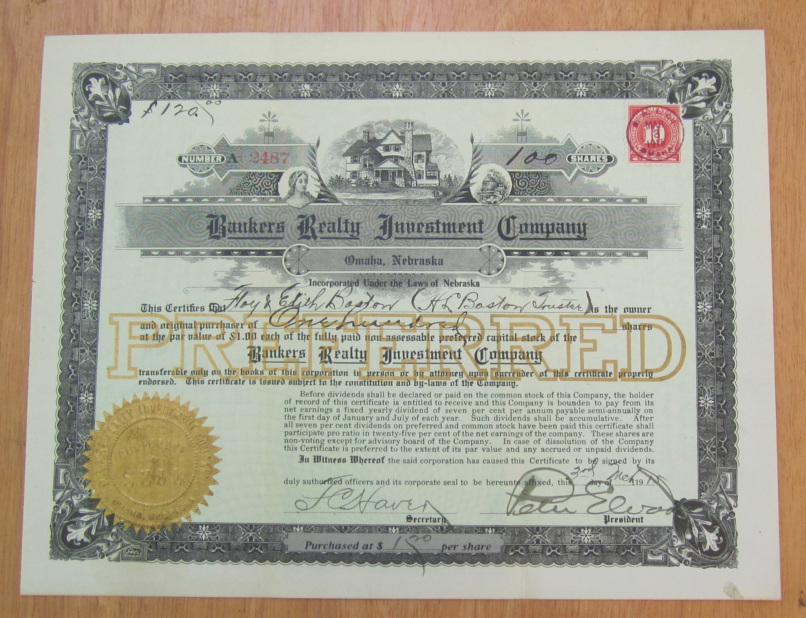 1915 Bankers Realty Investment Co Stock Certificate