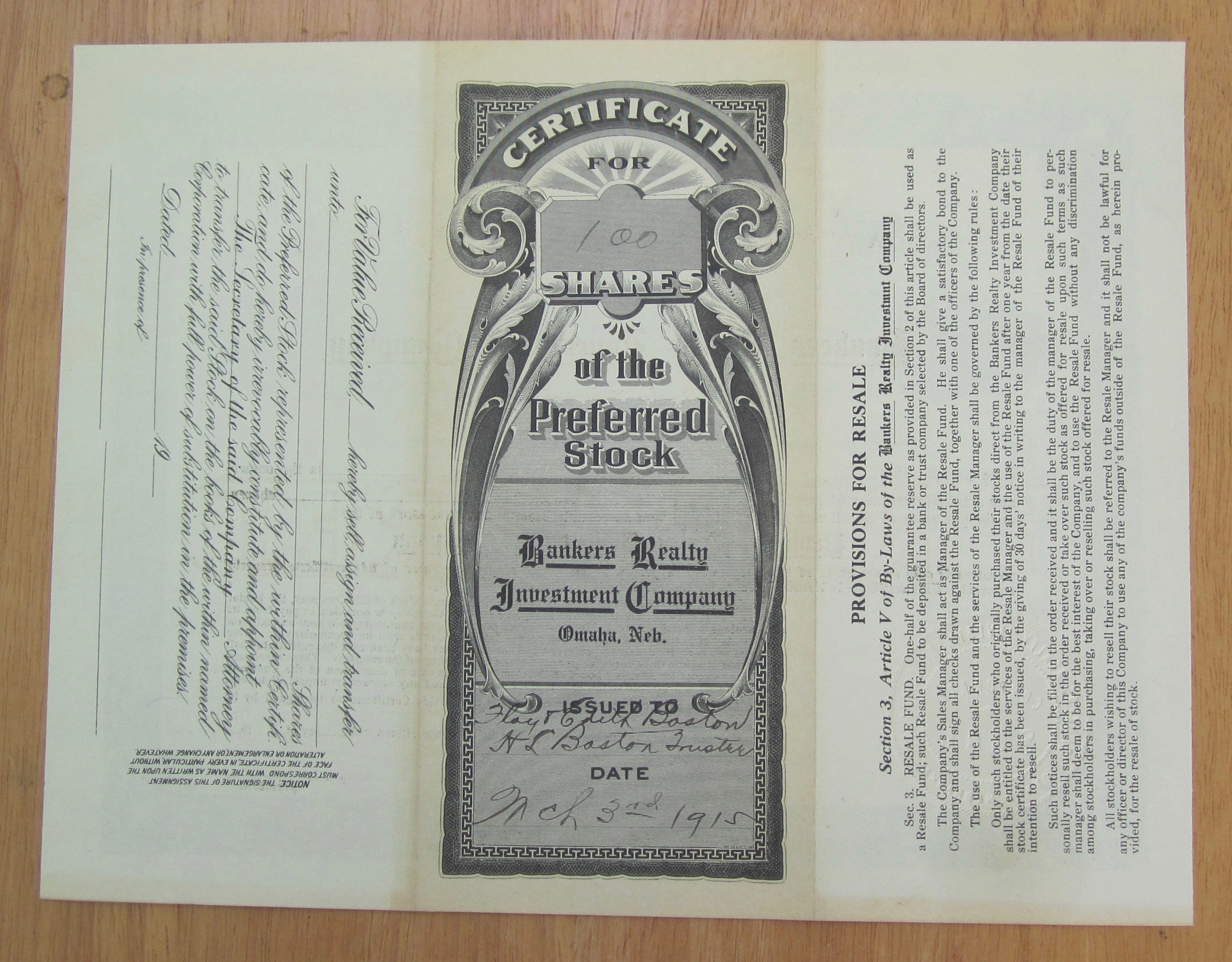 1915 Bankers Realty Investment Co Stock Certificate