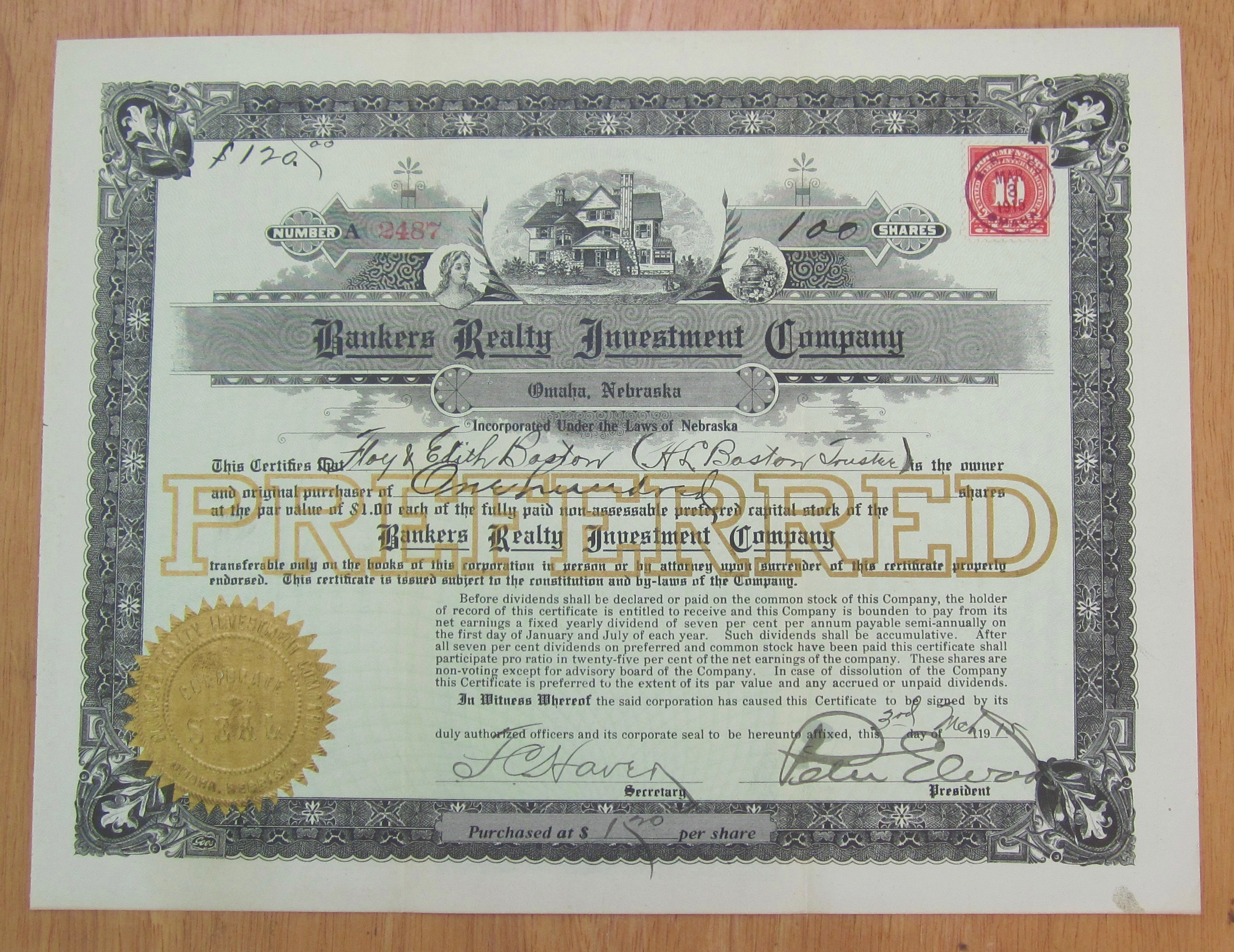 1915 Bankers Realty Investment Co Stock Certificate