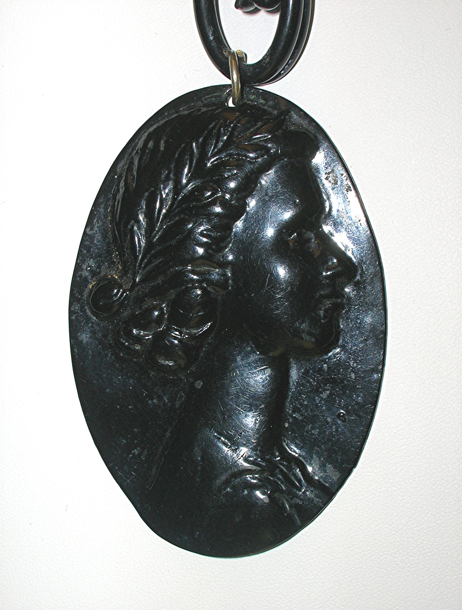 Cameo Antique Black Lucite Plastic  Pendant and Chain