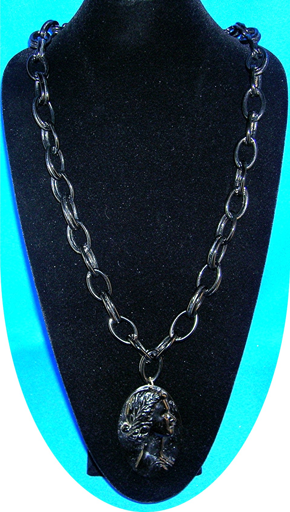 Cameo Antique Black Lucite Plastic  Pendant and Chain