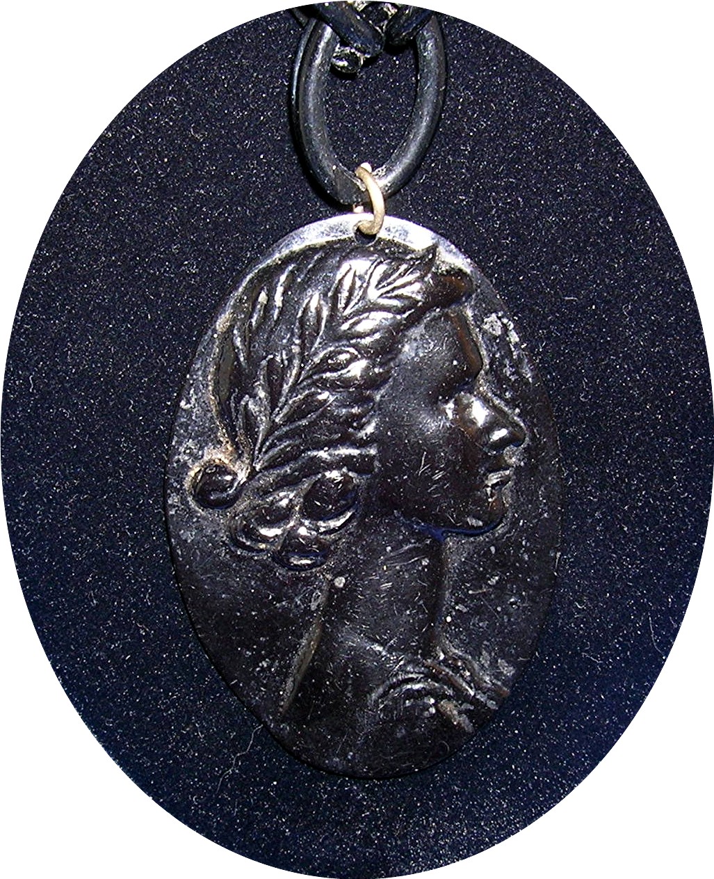 Cameo Antique Black Lucite Plastic  Pendant and Chain