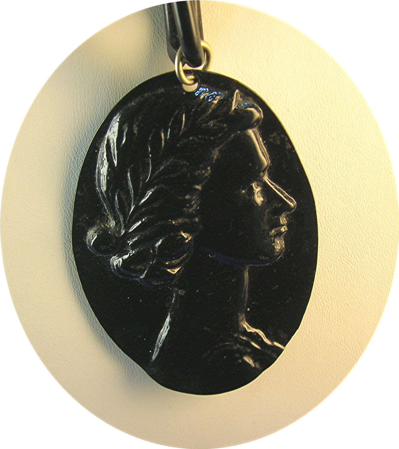 Cameo Antique Black Lucite Plastic  Pendant and Chain