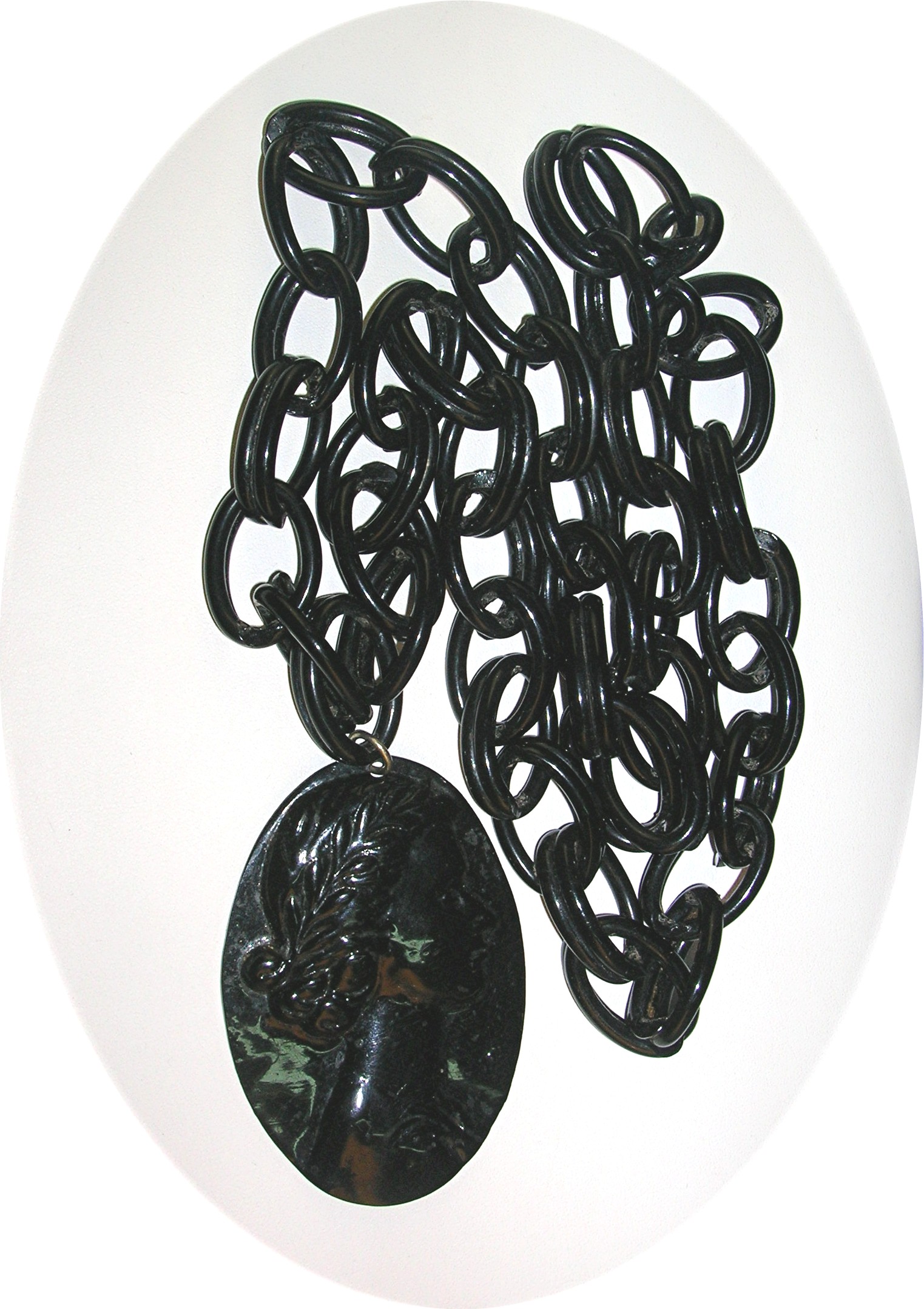 Cameo Antique Black Lucite Plastic  Pendant and Chain