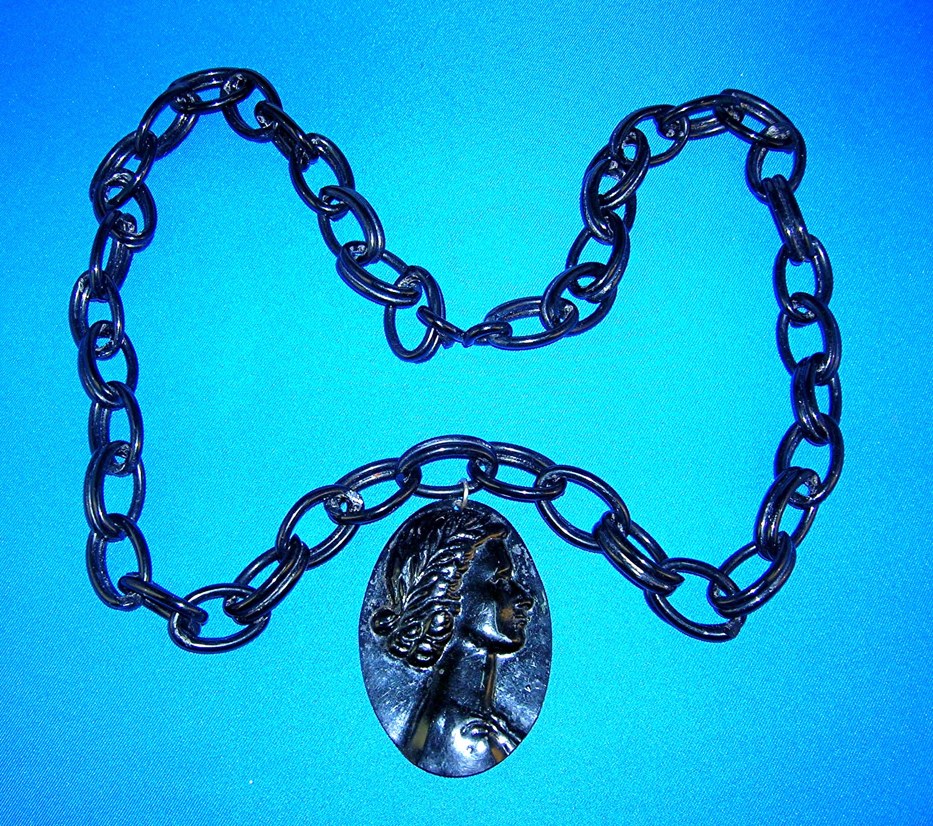 Cameo Antique Black Lucite Plastic  Pendant and Chain