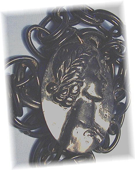 Cameo Antique Black Lucite Plastic  Pendant and Chain