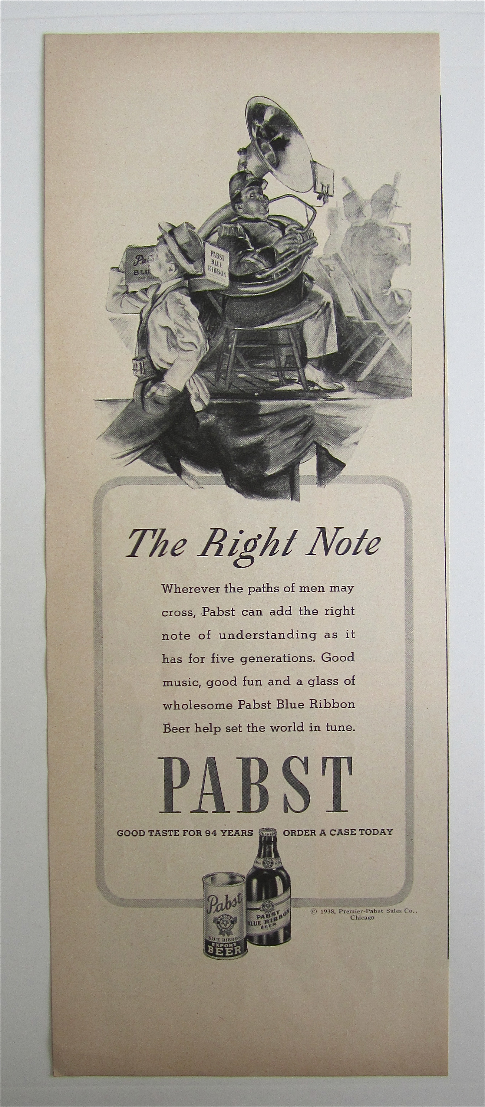 1938 Pabst Blue Ribbon Beer with Man Playing The Tuba