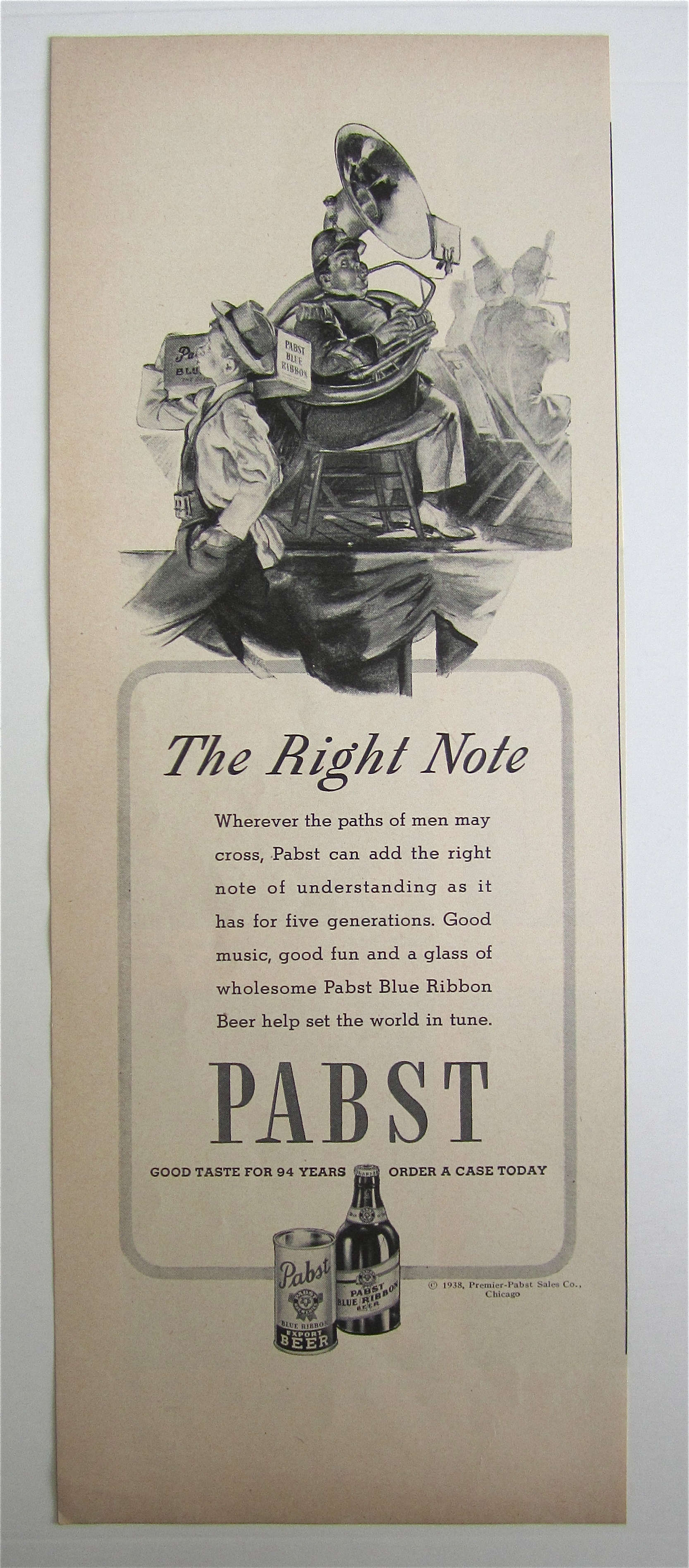 1938 Pabst Blue Ribbon Beer with Man Playing The Tuba