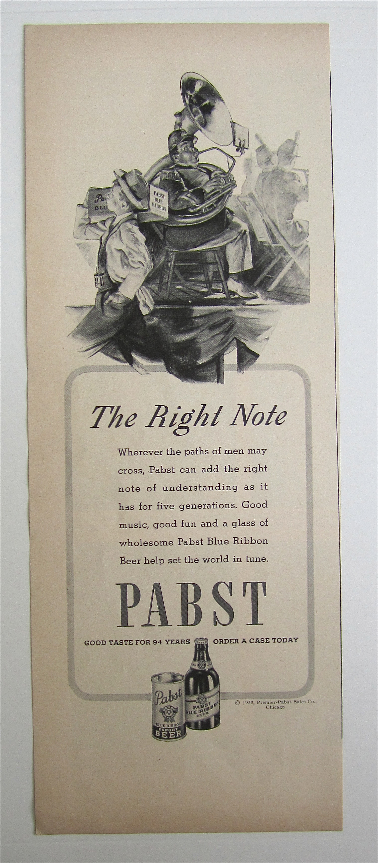 1938 Pabst Blue Ribbon Beer with Man Playing The Tuba