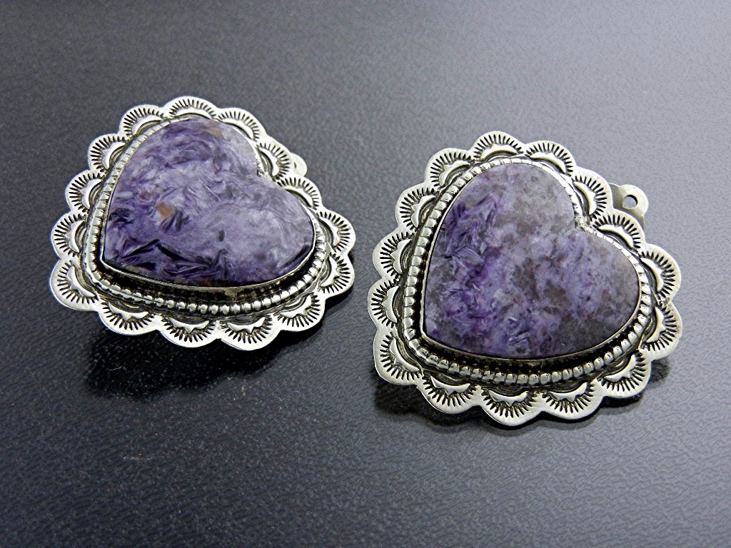 Navajo Charoite Sterling Silver Heart Clip Earrings