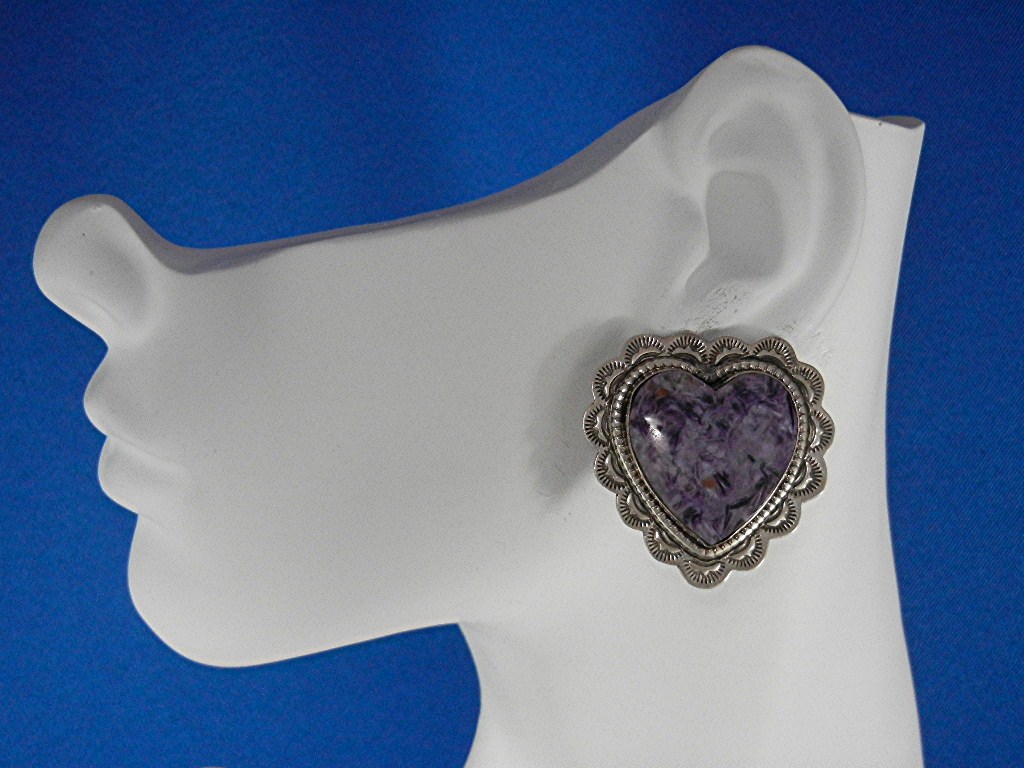Navajo Charoite Sterling Silver Heart Clip Earrings