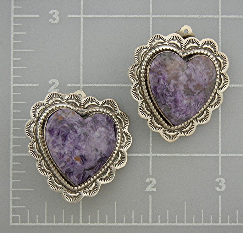Navajo Charoite Sterling Silver Heart Clip Earrings
