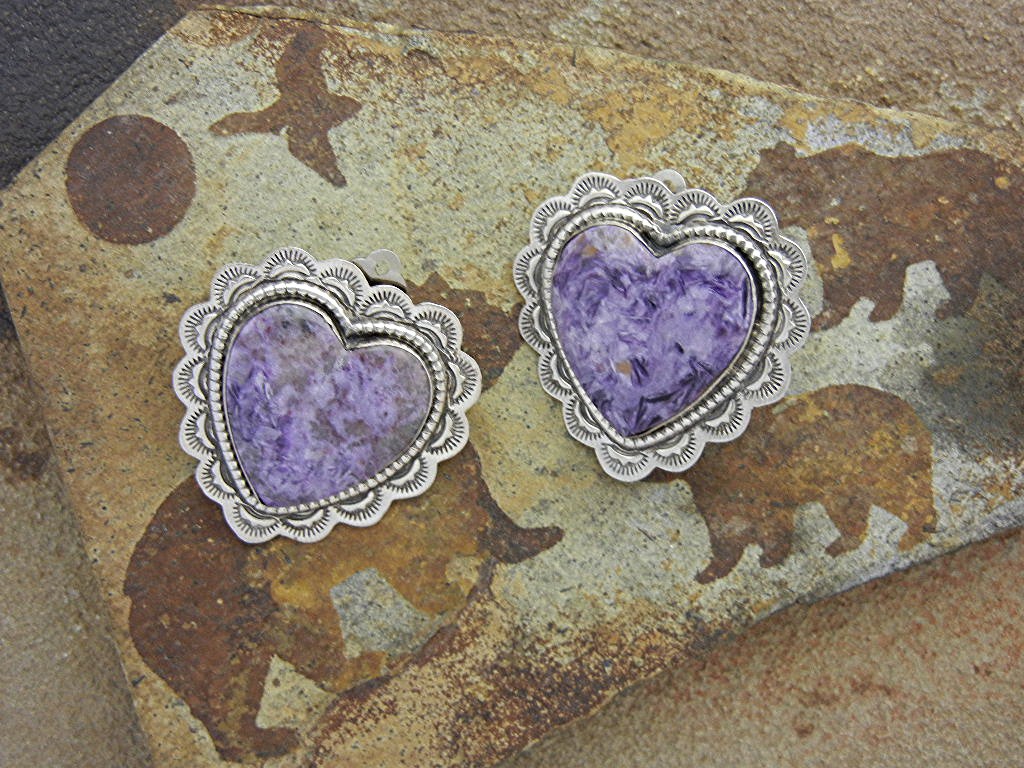 Navajo Charoite Sterling Silver Heart Clip Earrings