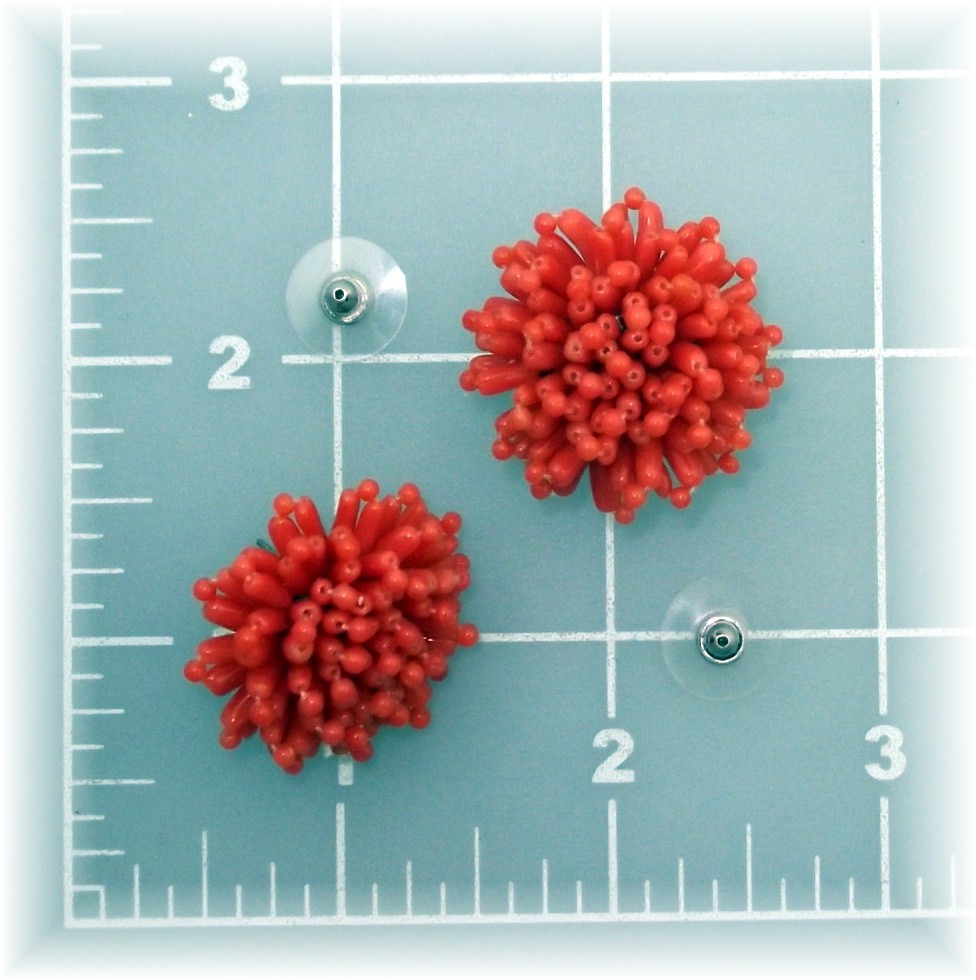 Earrings Red Coral Cluster Flowers  Pierced