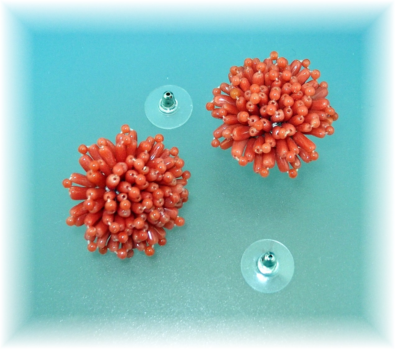 Earrings Red Coral Cluster Flowers  Pierced