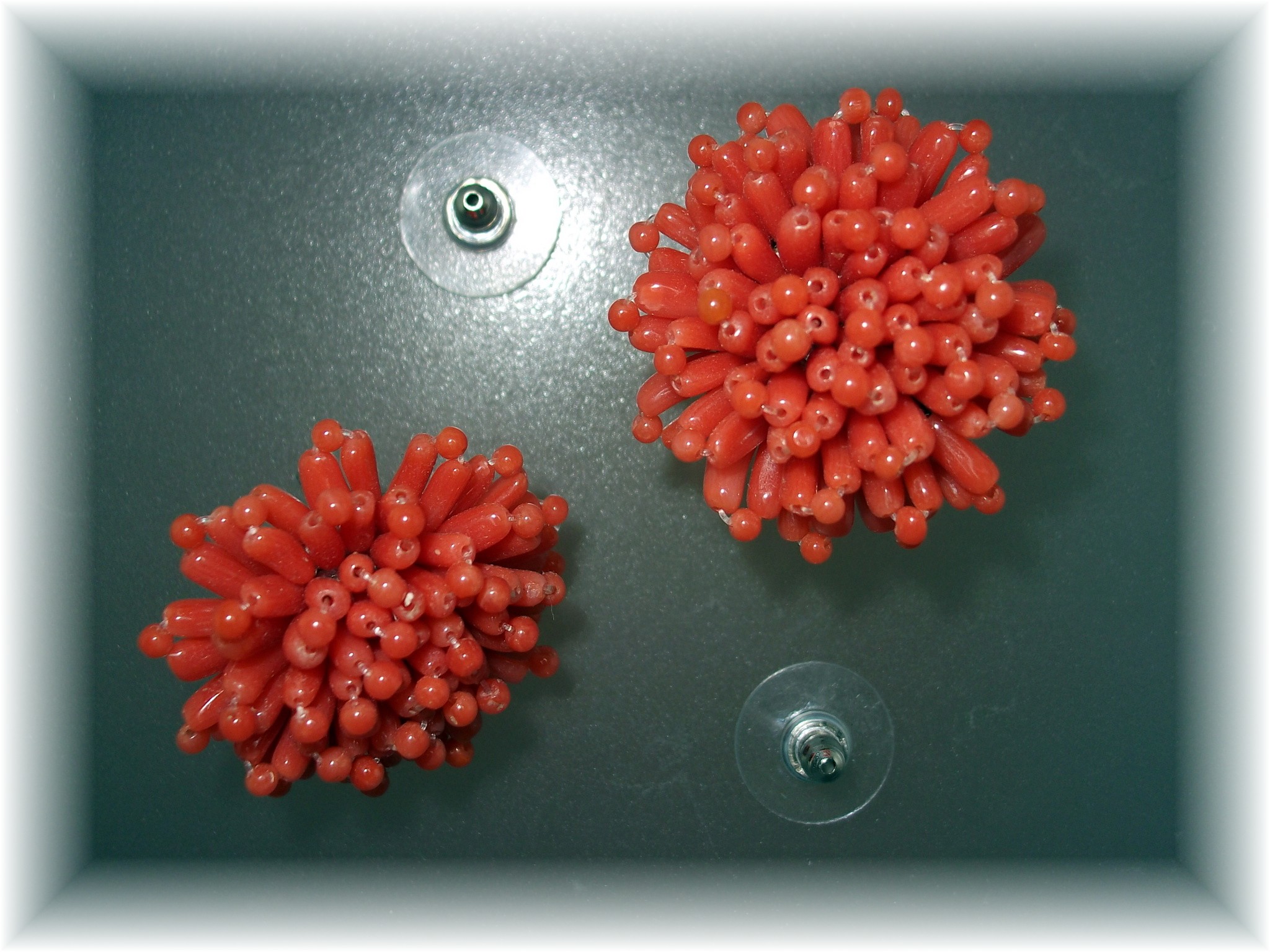 Earrings Red Coral Cluster Flowers Pierced