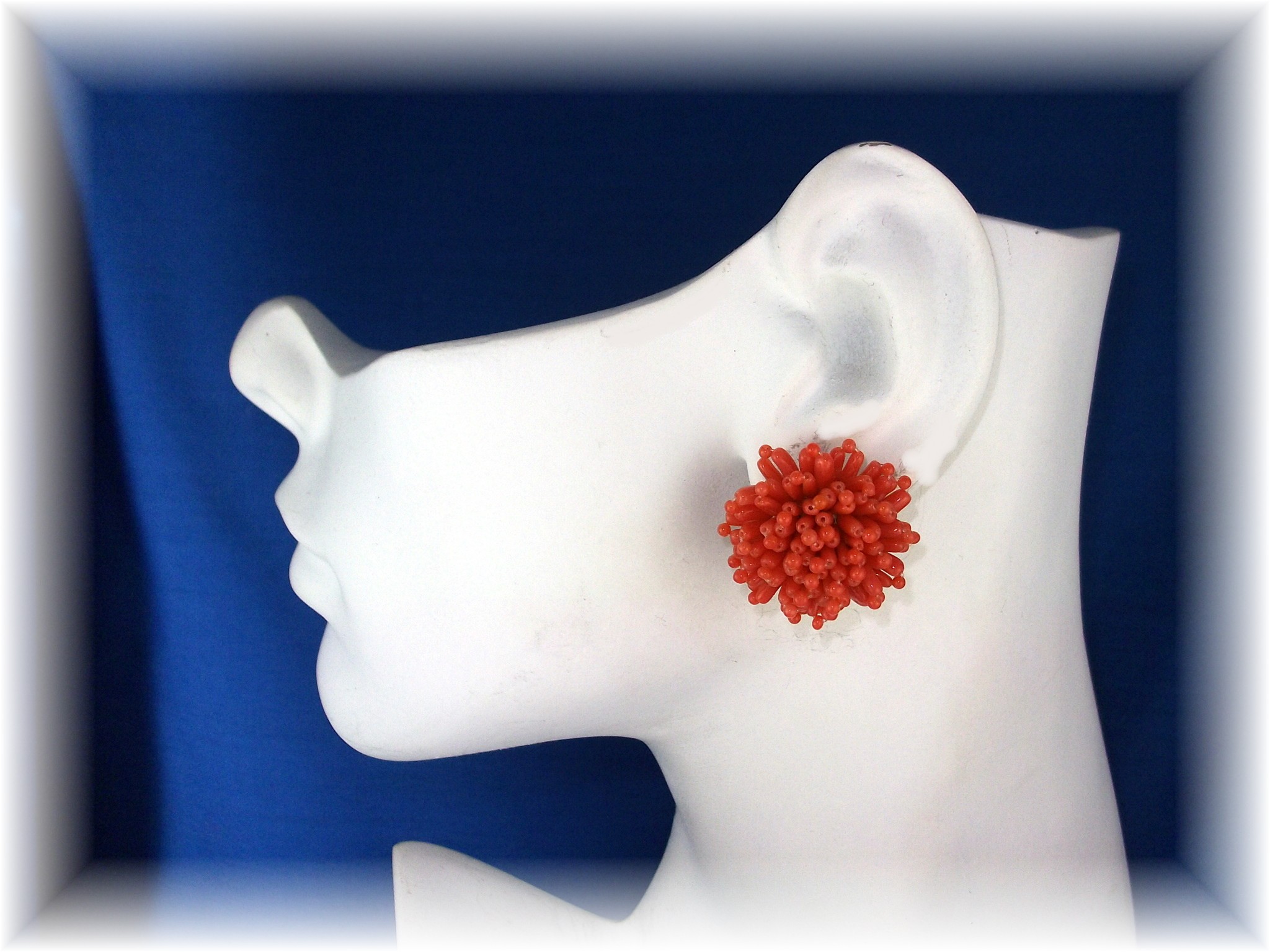 Earrings Red Coral Cluster Flowers  Pierced