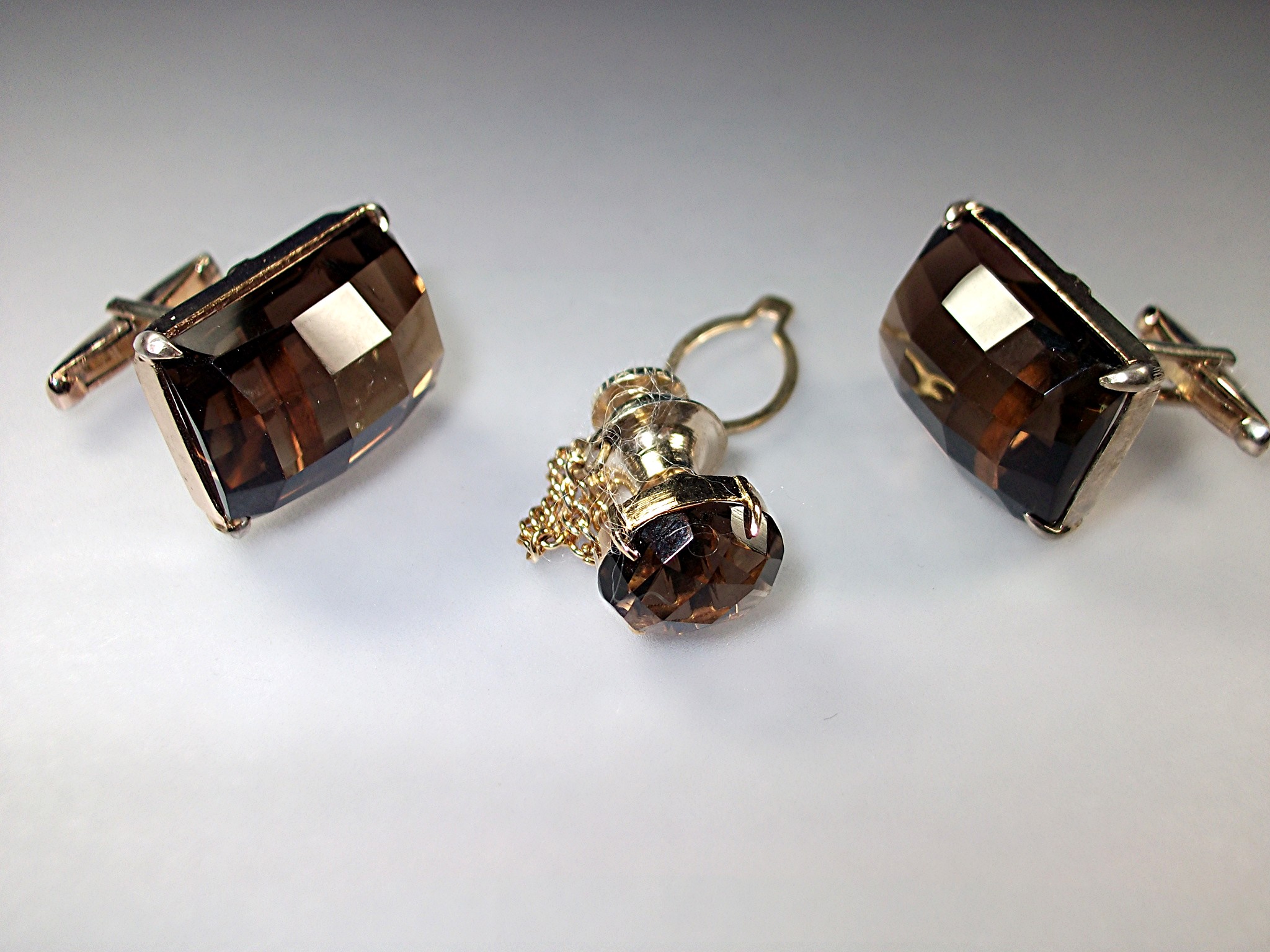 Cuff Links Tie Tack Silver Gold Vermeil Smoky Quartz