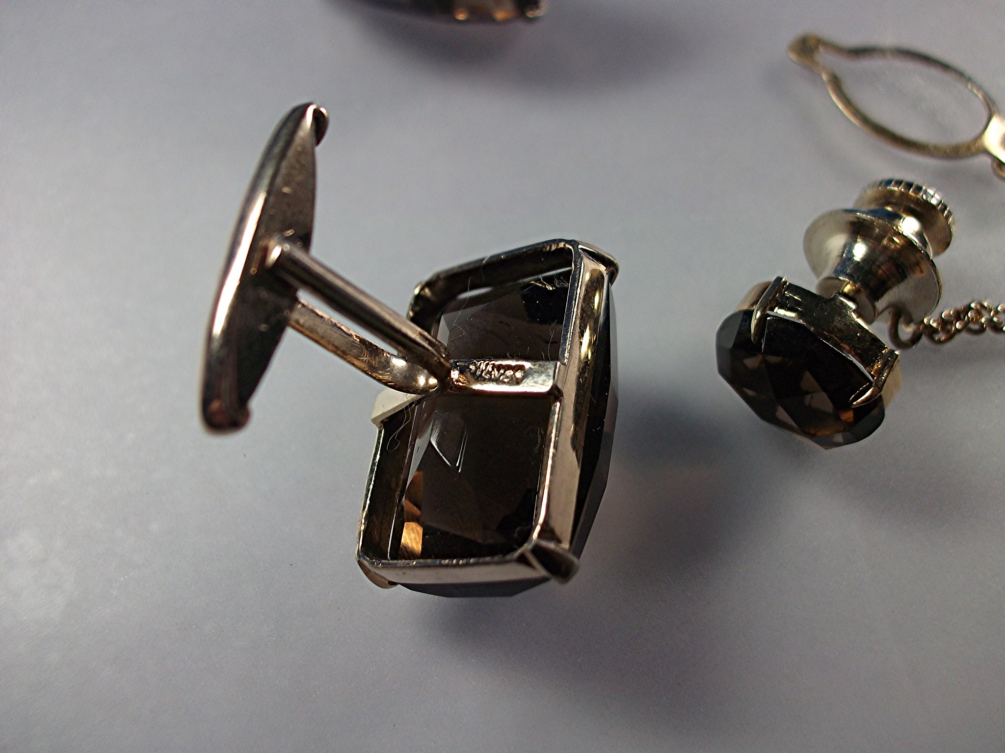 Cuff Links Tie Tack Silver Gold Vermeil Smoky Quartz