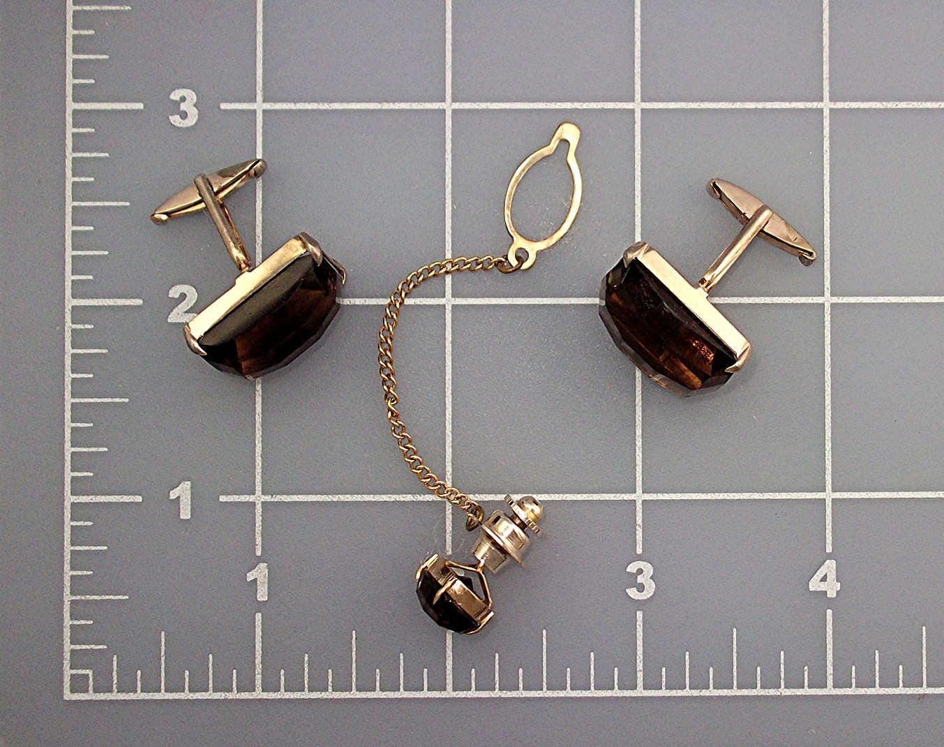 Cuff Links Tie Tack Silver Gold Vermeil Smoky Quartz
