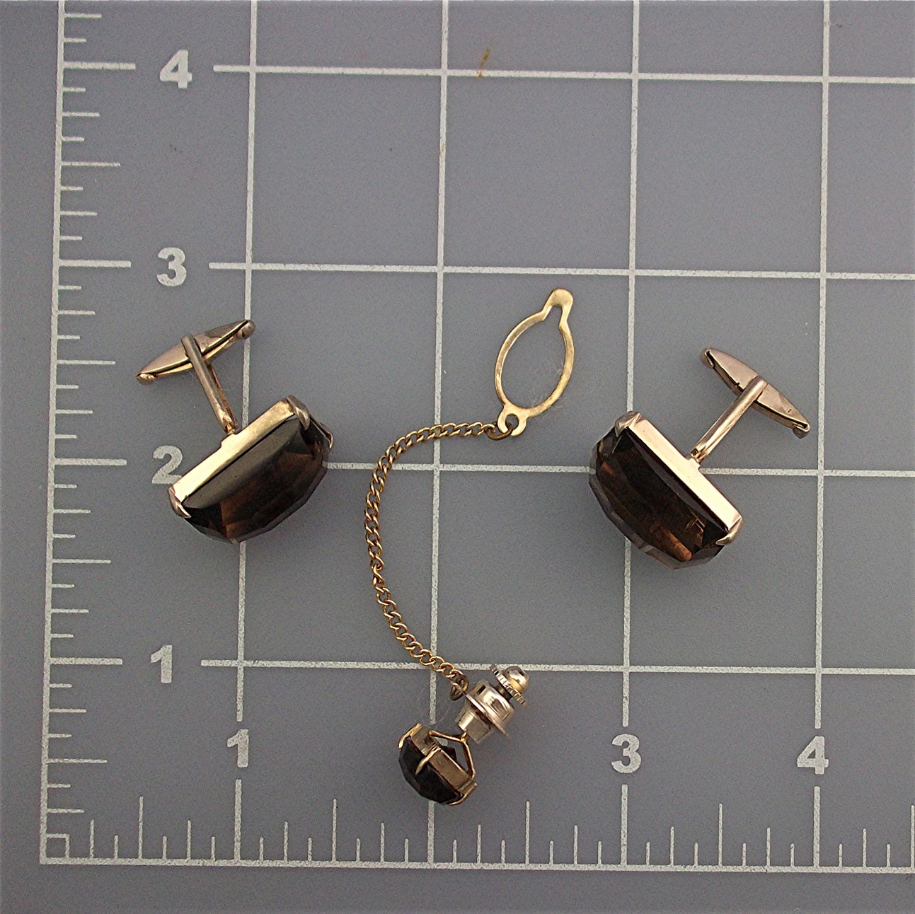 Cuff Links Tie Tack Silver Gold Vermeil Smoky Quartz