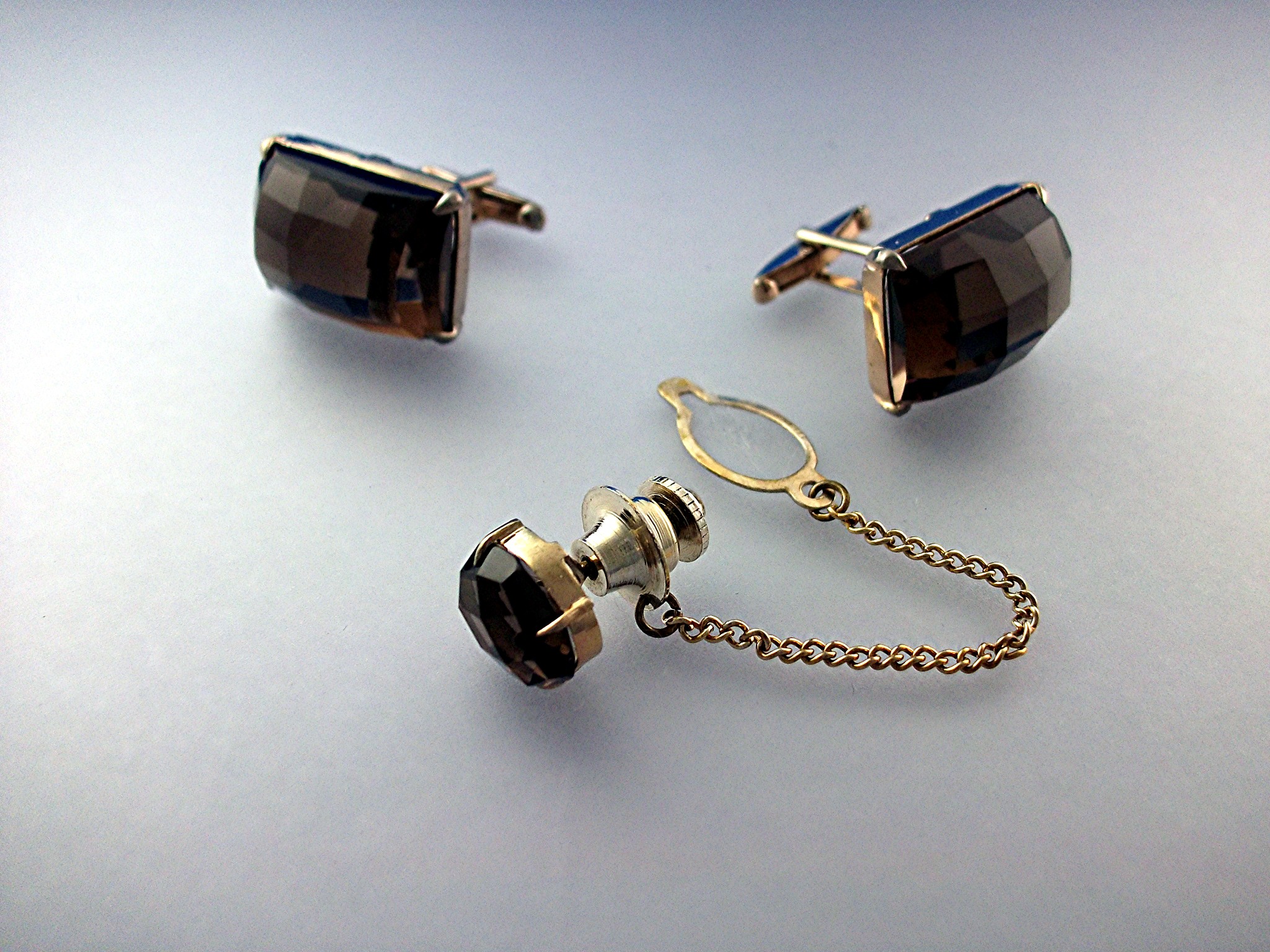 Cuff Links Tie Tack Silver Gold Vermeil Smoky Quartz