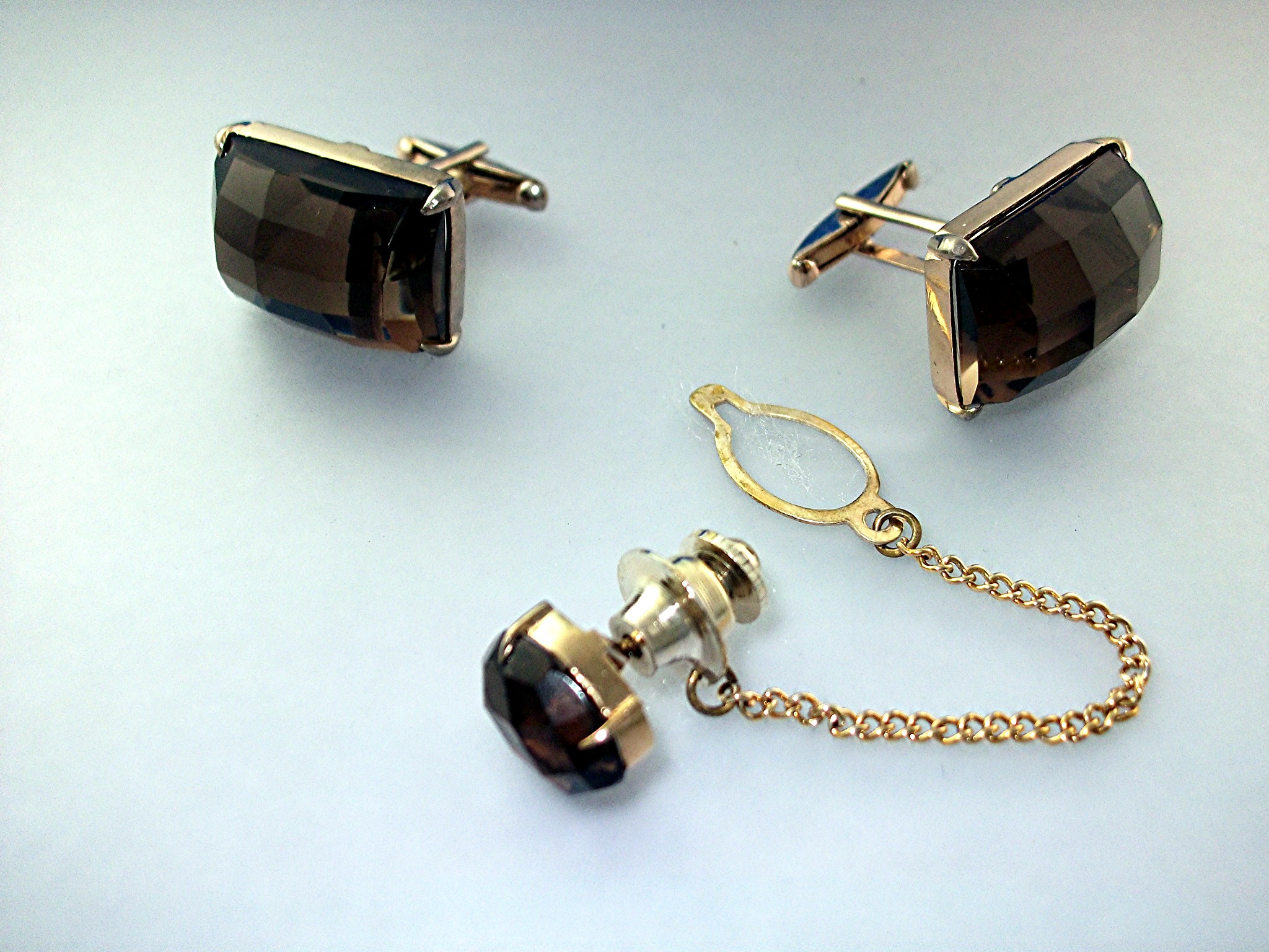 Cuff Links Tie Tack Silver Gold Vermeil Smoky Quartz