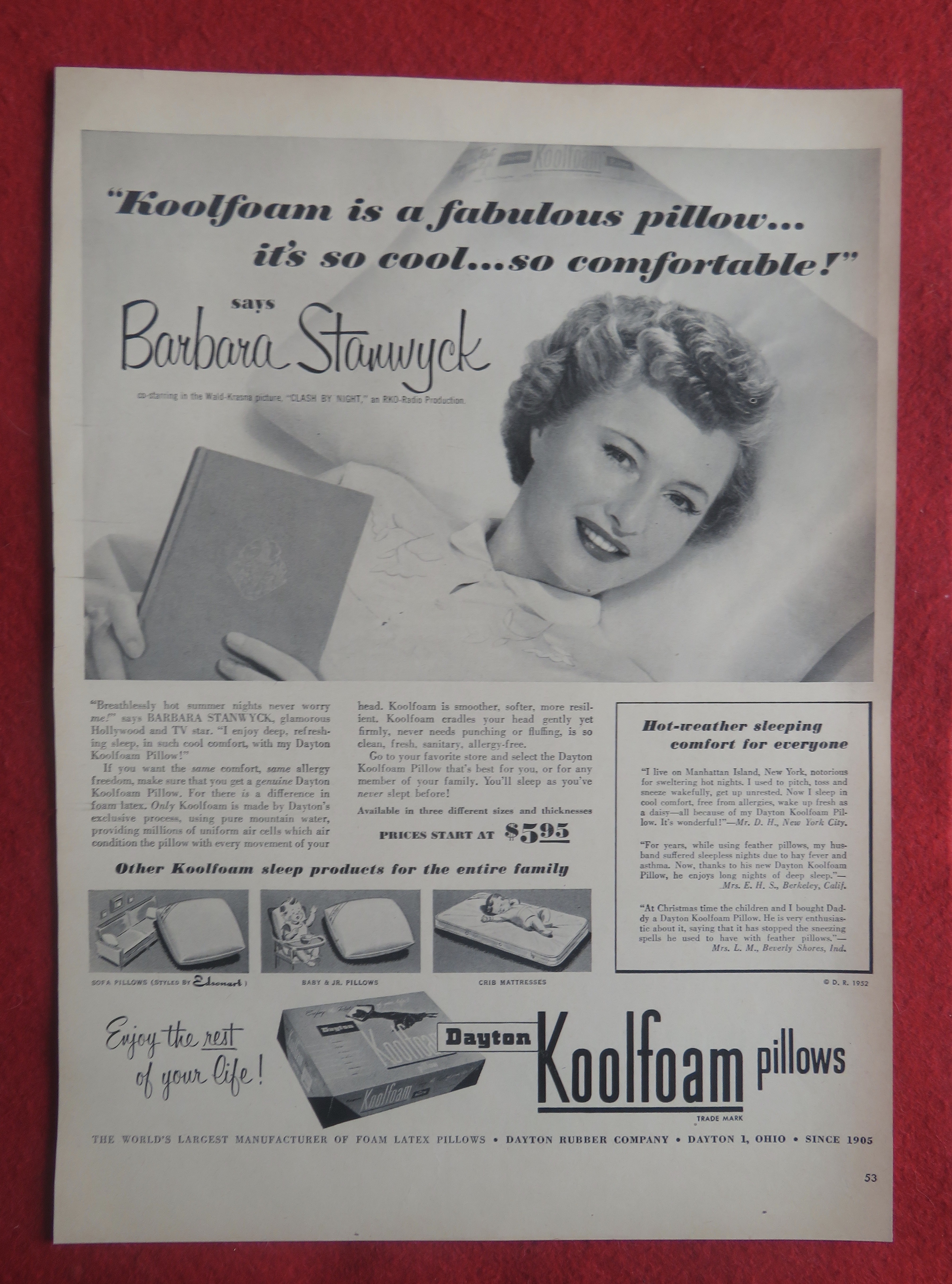 1952 Koolfoam Pillows with Movie Star Barbara Stanwyck