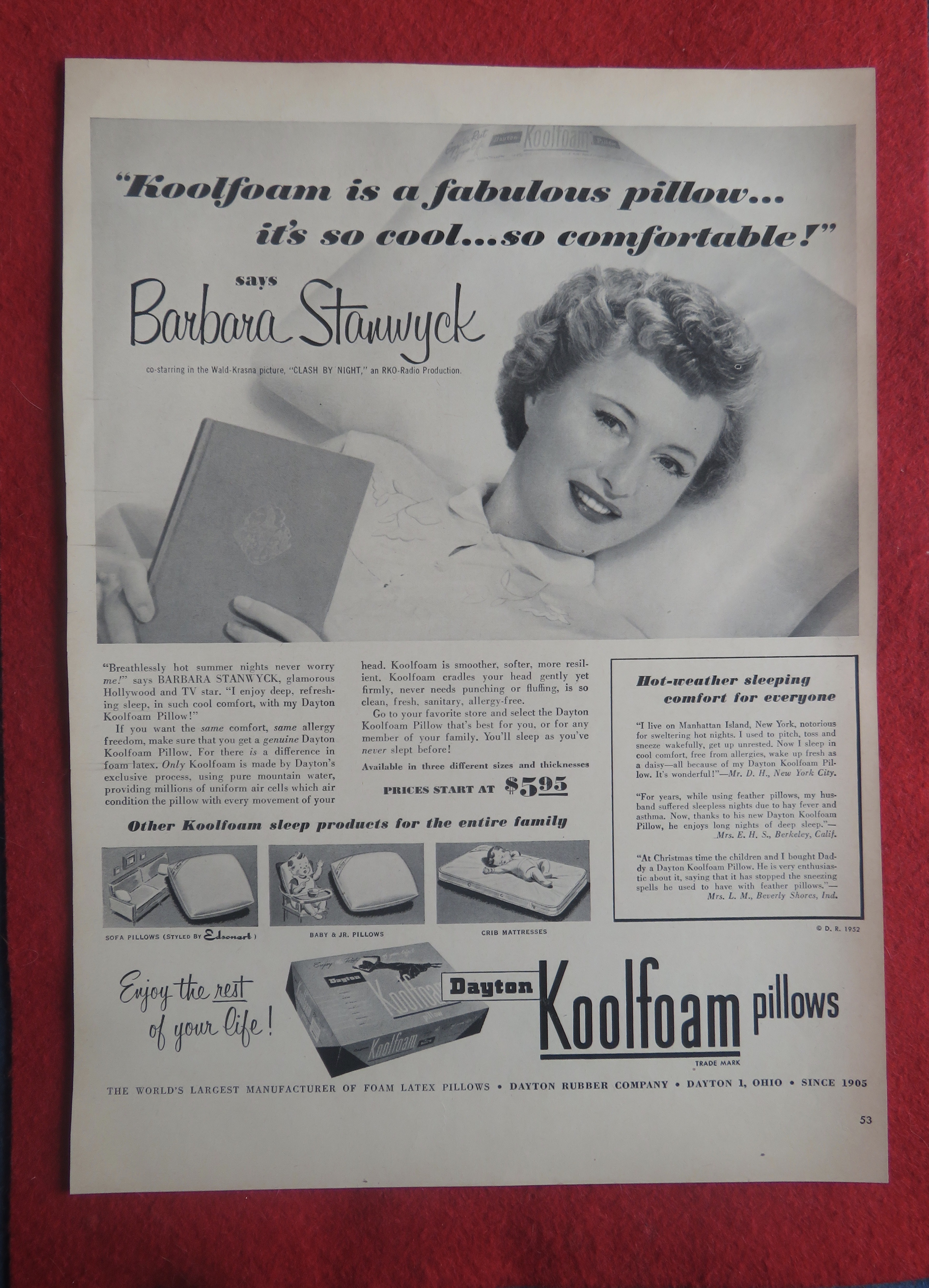 1952 Koolfoam Pillows with Movie Star Barbara Stanwyck