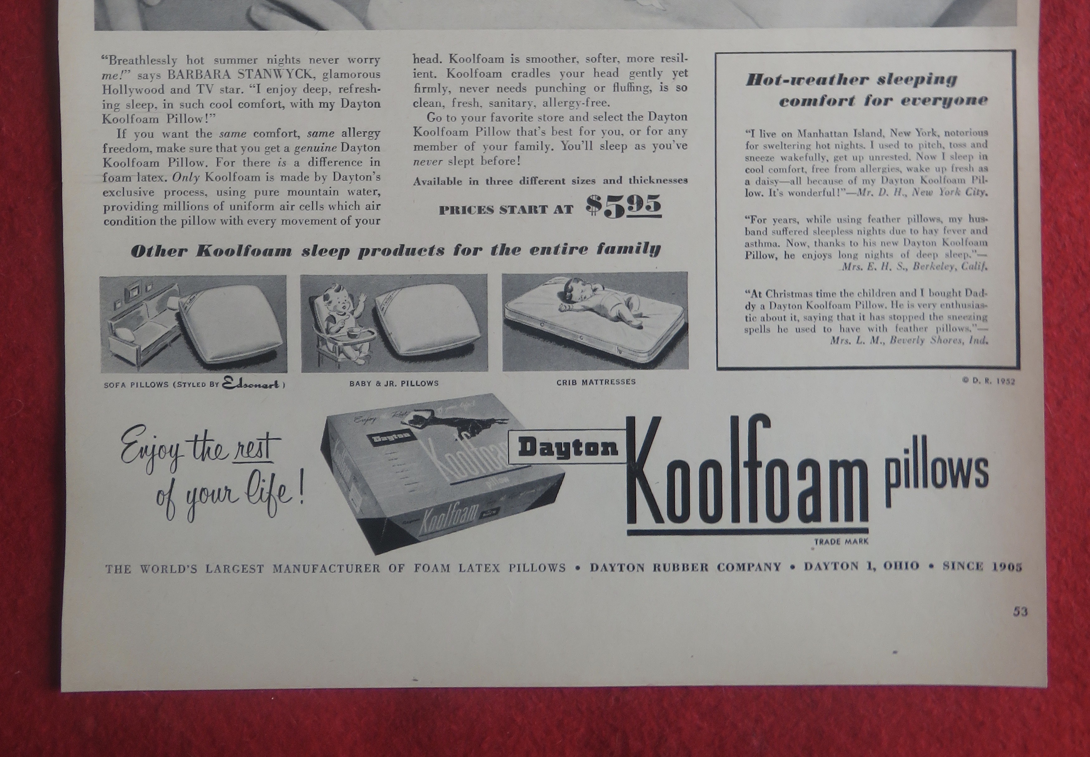 1952 Koolfoam Pillows with Movie Star Barbara Stanwyck
