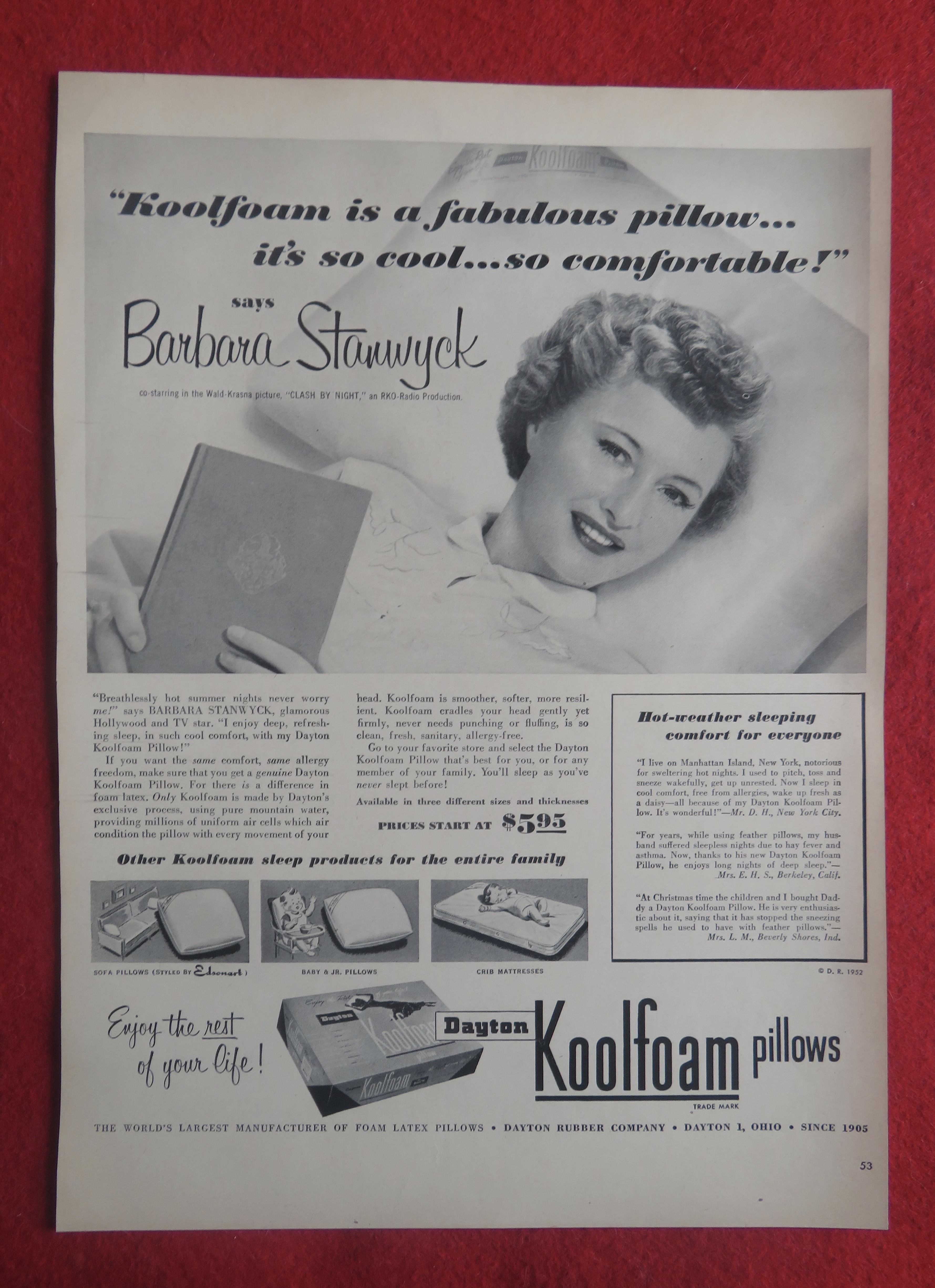 1952 Koolfoam Pillows with Movie Star Barbara Stanwyck