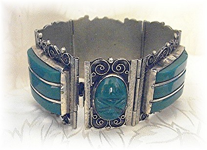 Mexican Silver  Green Glass Brac Matching Ring