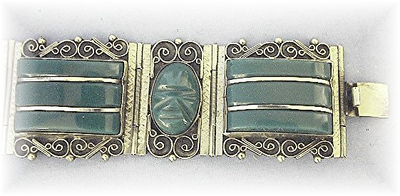 Mexican Silver  Green Glass Brac Matching Ring