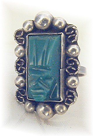 Mexican Silver  Green Glass Brac Matching Ring