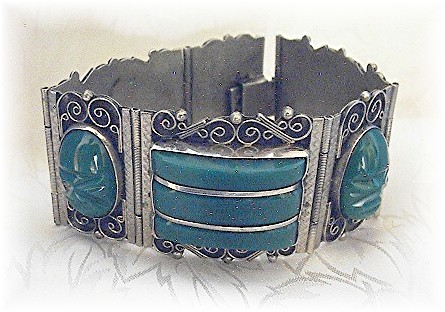 Mexican Silver  Green Glass Brac Matching Ring