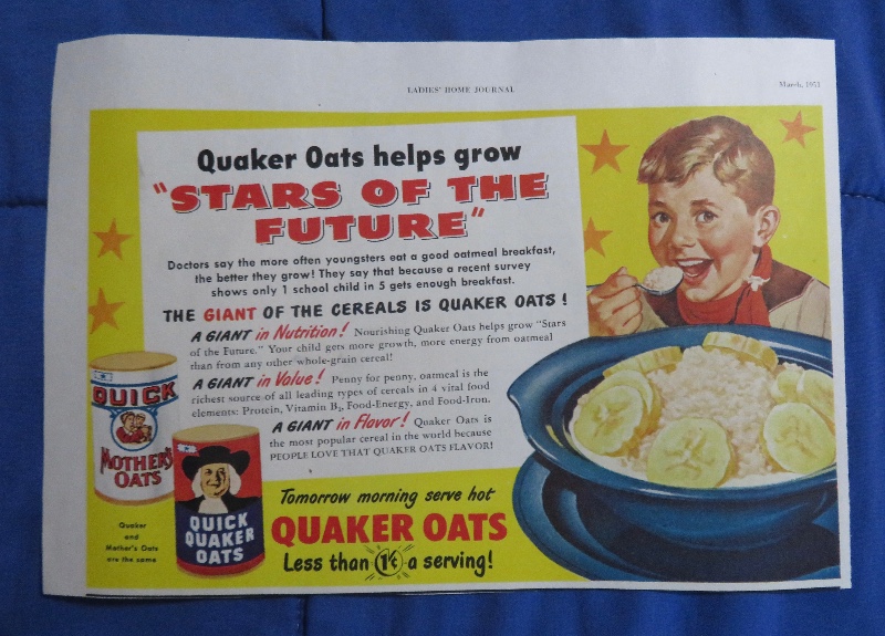 1951 Quaker Oats with Boy Eating a Bowl of Oats Cereal with Bananas