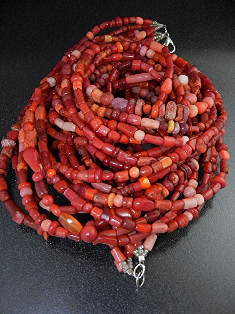 Navajo Red & Pink Coral Peyote Bird 7 Strands Necklace