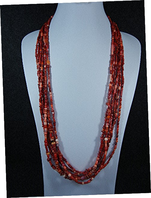 Navajo Red & Pink Coral Peyote Bird 7 Strands Necklace