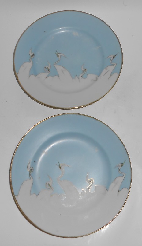 Mitsu-Boshi Shofu Chiharamachi Egrets Porcelain w/Gold Pair Bread Plates