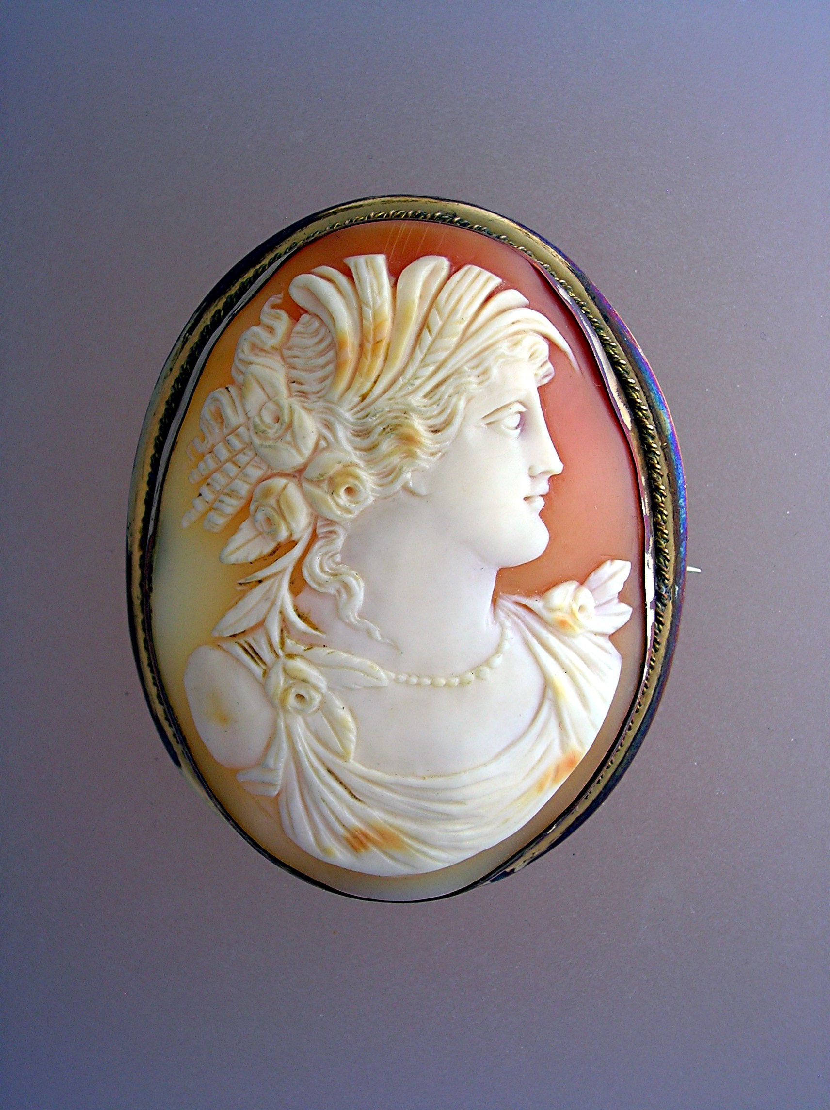 Cameo Carved Shell Italian 2 3/8 Inch Gilt Brass