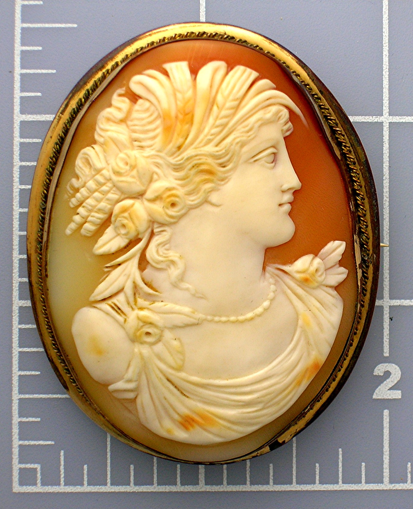 Cameo Carved Shell Italian 2 3/8 Inch Gilt Brass
