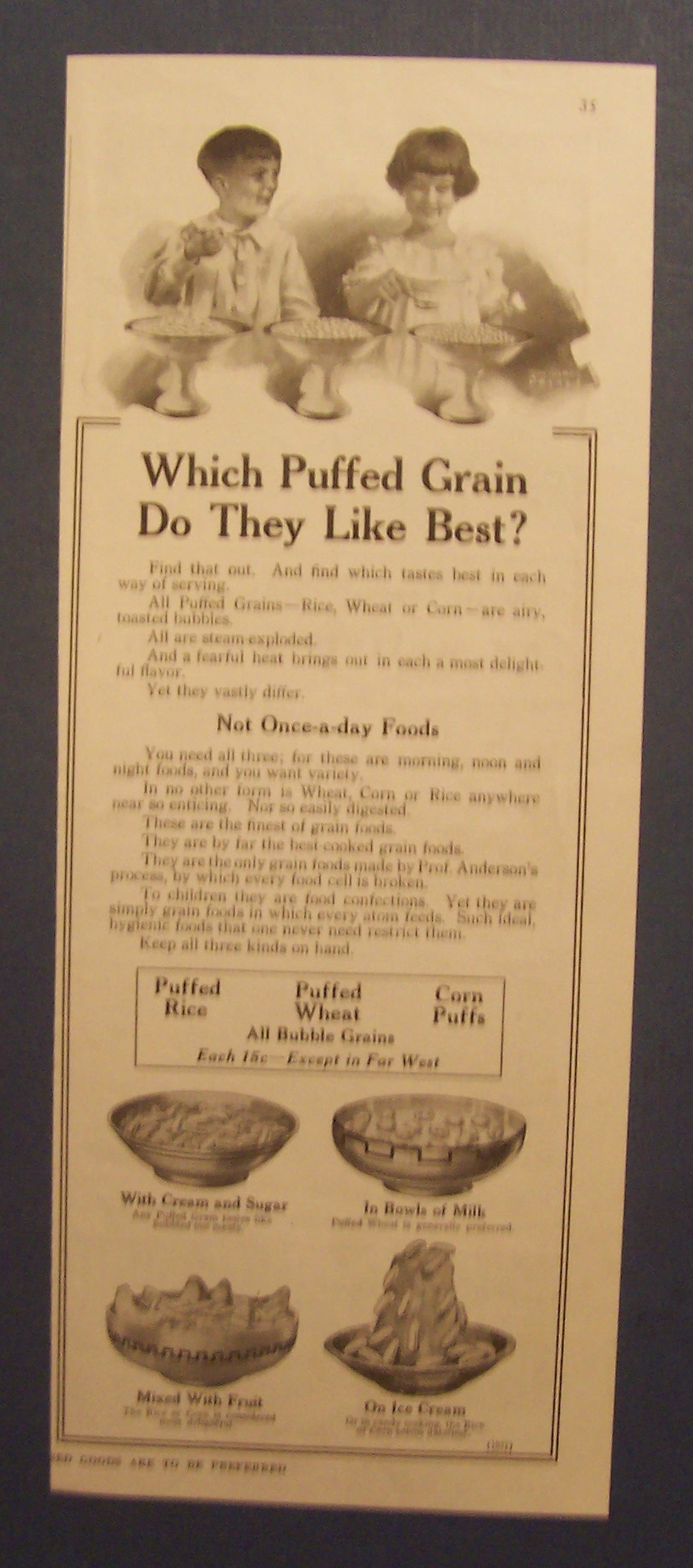 1918  Puffed  Rice, Wheat & Corn Puffs Cereal