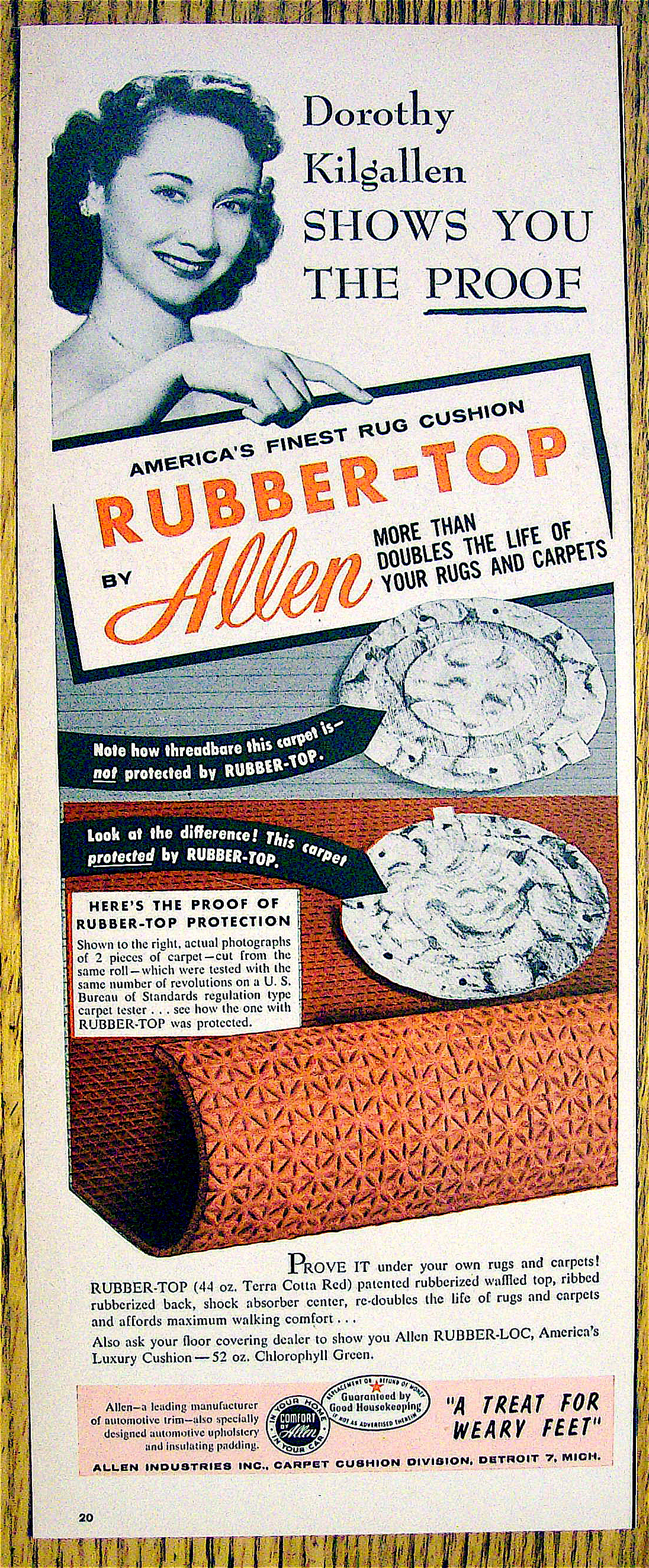1955 Allen Rubber Top Rug Cushion w/Dorothy Kilgallen