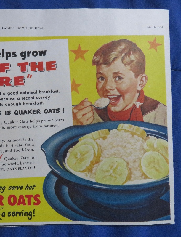1951 Quaker Oats with Boy Eating a Bowl of Oats Cereal with Bananas