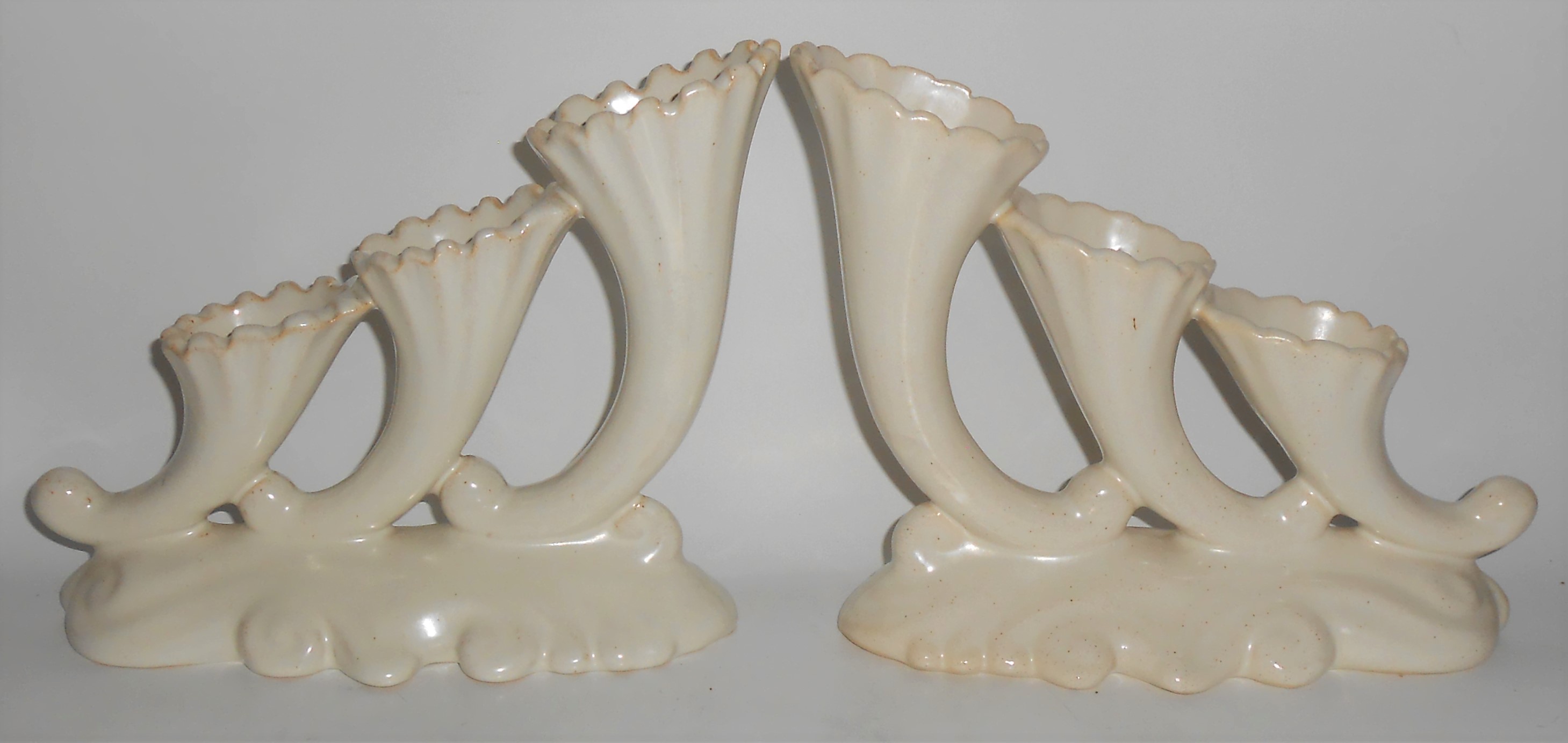 Camark Art Pottery Pair Matte White Triple Vases