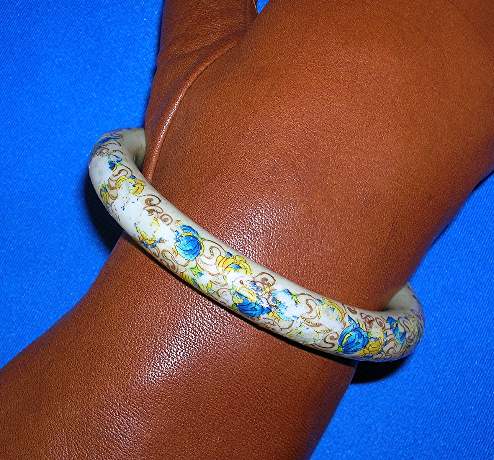 Cream Ceramic Bangle Bracelet Floral Overlay
