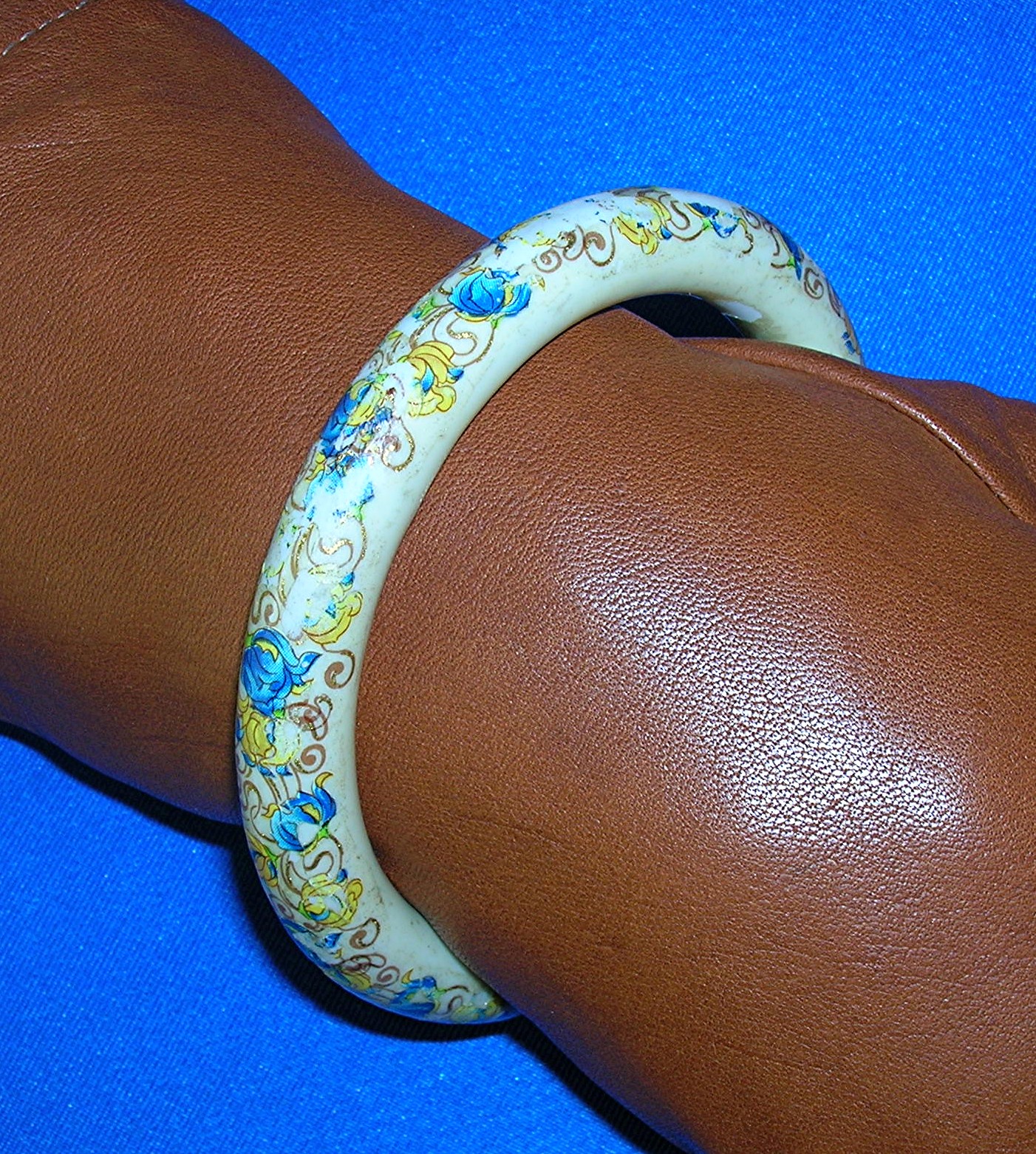 Cream Ceramic Bangle Bracelet Floral Overlay